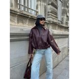 Meecy Kadın Oversize Bomber Deri Ceket Bordo Renkli Rahat Kalıp ve Fermuarlı Yaka Özelliği