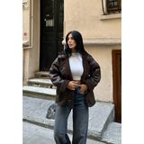 Meecy Kadın Oversize Ceket Koyu Kahverengi Düz Desenli Uzun Kollu Standart Kalıp