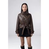 Meecy Kadın Siyah Dik Yaka Suni Deri Trençkot Normal Kalıp Bebe Yaka Tasarım - XL