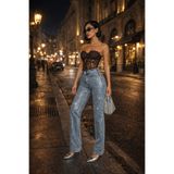 MEECY Kadın Taşlı Trend Kar Yıkama Mavi Yüksek Bel Palazzo Tasarım Jean Pantolon