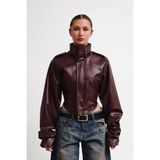 Meecy New Season Dik Yaka Motorcu Crop Kadın Deri Ceket - Kahve
