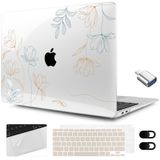 MEEgoodo MacBook Air 13,3 inç Kılıf 2021 2020 2019 2018 A2337 M1 A2179 A1932 için Şeffaf Kılıf, MacBook Air M1 için Klavye Web Kamerası Kapağı ve İzleme Pedi Filmi ve Tip C Adaptörü, Gravür Çiçekli