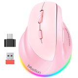 MEETION Solak fare, ergonomik fare, kablosuz dikey fare, RGB şarj edilebilir fare, Bluetooth (5.2 + 3.0) ve USB-A için Type-c adaptörlü 4 ayarlanabilir DPI, Mac/Windows/PC/Tablet/iPad için pembe