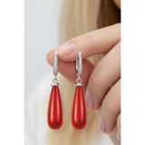 mefshop 925 Ayar Gümüş Sallantılı Uzun Damla Kırmızı Mercan Taşlı Kadın Küpe