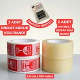 Meg Tasarım Dünyası 4'lü Koli Bandı Seti (2 Adet Dikkat Kırılır + 2 Adet Hotmelt Şeffaf ) (4,5 cm x 100 Metre) + Bant-Kes Aparatı Hediyeli