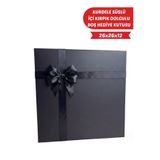 MEG TASARIM DÜNYASI Lüks Siyah Hediye Kutusu Siyah Kurdeleli İçi Kırpık Kağıt Dolgulu Hediye Kutusu 26x26x12 cm