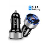 Mega Oto Market Cakmaklik Oto Arac Hizli Sarj Aleti 3.1A Usb Cift Girisli Siyah Led Ekranli