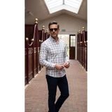 MEGALDİ Erkek Slim Fit Kesim Beyaz İndigo Kareli Uzun Kollu Gömlek
