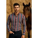 MEGALDİ Erkek Slim Fit Kesim Kırmızı Lacivert Çizgili Uzun Kollu Gömlek