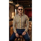 MEGALDİ Erkek Slim Fit Kesim Sarı Lacivert Çizgili Uzun Kollu Gömlek