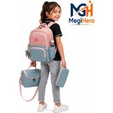 MegiHero Ilk Okul Çantası 3'lü Seti Unisex Çocuk Ilkokul Çantası MTC-8010 Yeşil-Lacivert - Pudra - Mavi