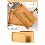 Mehay Home 2'li Kulplu Bambu Ahşap Dikdörtgen Çay Kahve Servis Lüx Sunum Tepsi 33CM&40CM - 2 Adet