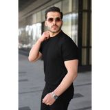 Meks Erkek Bisiklet Yaka Petek Dokulu Kısa Kollu Triko Tişört - Siyah - 2XL