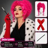 MEKs Neon Bukleli Pembe Peruk Uzun Kumaş Kırmızı Eldiven Ve Sigara Tutucu Seti (3 Parça) CRC-3879608281589
