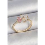Meks Pirinç Gold Renk Beyaz Mineli Pembe Zirkon Taşlı Çiçek Model Kadın Yüzük 588 - HEPIDE2466-3