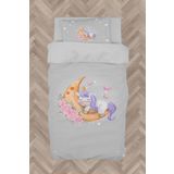 Mekta Home Bebek Ve Çocuk Odası Aya Sarılan Unicorn Desenli Gri Nevresim Takımı