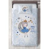 Mekta Home Bebek ve Çocuk Odası Ayda Oturan Kız Desenli Mavi Motifli Yatak Örtüsü - Renkli - 140 x 220 cm