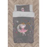 Mekta Home Bebek ve Çocuk Odası Ayda Oturan Kız Pembe Motifli Gri Nevresim Takımı - Renkli - 160 x 230 cm