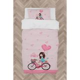 Mekta Home Bebek ve Çocuk Odası Bisikletli Kız ve Kalpli Balon Desenli Pembe Nevresim Takımı - Renkli - 160 x 230 cm