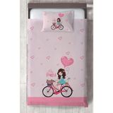 Mekta Home Bebek ve Çocuk Odası Bisikletli Kız ve Kalpli Balon Desenli Pembe Yatak Örtüsü - Renkli - 140 x 220 cm