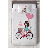 Mekta Home Bebek ve Çocuk Odası Bisikletli Kız ve Kalpli Balon Desenli Yatak Örtüsü - Renkli - 140 x 220 cm