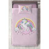 Mekta Home Bebek ve Çocuk Odası Gökuşağı ve Unicorn Desenli Pembe Yatak Örtüsü - Renkli - 140 x 220 cm