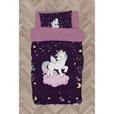 Mekta Home Bebek ve Çocuk Odası Pembe Bulut Üzerinde Unicorn Desenli Mor Nevresim Takımı - Renkli - 160 x 230 cm