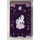 Mekta Home Bebek ve Çocuk Odası Pembe Bulut Üzerinde Unicorn Desenli Mor Yatak Örtüsü - Renkli - 140 x 220 cm