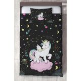 Mekta Home Bebek ve Çocuk Odası Pembe Bulut Üzerinde Unicorn Desenli Siyah Yatak Örtüsü - Renkli - 140 x 220 cm