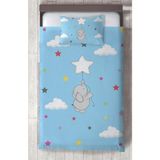 Mekta Home Bebek ve Çocuk Odası Seksekli Uçan Fil Desenli Mavi Yatak Örtüsü - Renkli - 140 x 220 cm