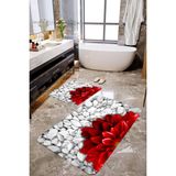 Mekta Home MKTPP-2015 60x100 50x60 cm 3 Boyutlu Kırmızı Çiçekli 2'li Banyo Paspas Takımı