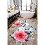 Mekta Home MKTPP-2031 60x100 50x60 cm 3 Boyutlu Pembe Çiçek ve Taş 2'li Banyo Paspas Takımı