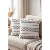 Melaris Halı Punch Kırlent Kılıfı 2 Adet Nakışlı 43X43CM Dekoratif Işlemeli Yastık Kılıf Seti Iskandinav Bohem Panç Örgü - 43 x 43 cm - Gri