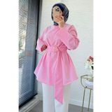 MELEK ARAZ Bronş Detaylı Geniş Kemerli Poplin Tunik – Pembe