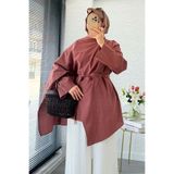 MELEK ARAZ Premium Asimetrik Pelerinli Keten Tunik - Kiremit