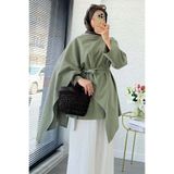 MELEK ARAZ Premium Asimetrik Pelerinli Keten Tunik - Yeşil