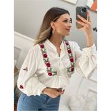 Melek Kostak Tasarım Önü Düğmeli Bordo Nakışlı Gömlek Bluz - 001-Beyaz