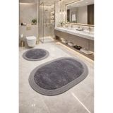 Melena Carpet Premium Kaymaz Taban Peluş Banyo Paspası Seti Jüt Kenar Detaylı 2 Li Oval Yuvarlak 100x60 60x60 Antrasit