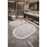 Melena Carpet Premium Kaymaz Taban Peluş Banyo Paspası Seti Jüt Kenar Detaylı 2’li Oval Yuvarlak 100X60 60X60 - Açık Gri - PELUŞ PASPAS