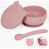 Meleni Baby 2'li Bebek Beslenme Seti - Vakumlu Silikon Kapaklı Mama Kasesi - Diş Kaşıyıcı Mama Kaşığı - Pembe