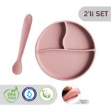 Meleni Baby 2'li Silikon Bebek Beslenme Seti - Vakum Tabanlı Mama Tabağı Diş Kaşıyıcılı Silikon Kaşık - Pembe