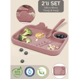 Meleni Baby 2'li Silikon Beslenme Seti - 3 Bölmeli Silikon Beslenme Tabağı, Silikon Diş Kaşıyıcı Kaşık - Pembe