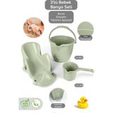 Meleni Baby 3'lü Bebek Banyo Seti - Vakum Tabanlı Yıkama Aparatı - Banyo Su Kovası - Maşrapa - Yeşil