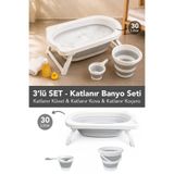 Meleni Baby 3'lü Katlanır Bebek Banyo Seti - Akordiyon Bebek Küveti Su Kovası Maşrapa Seti Gri