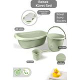 Meleni Baby 3'lü Set - Bebek Yıkama Banyo Küveti, Desenli Su Kovası, Maşrapa, Yeşil - Yıkama Filesi Hediye