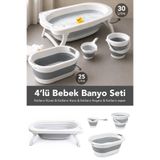 Meleni Baby 4'lü Bebek Banyo Seti - Katlanabilir Kaymaz Taban Küvet Sepet Su Kovası Maşrapa Gri