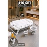 Meleni Baby 4'lü Lüks Akordiyon Bebek Banyo Seti - Kaymaz Taban Bebek Küveti Su Kovası Maşrapa Köpük Fileli Gri