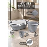Meleni Baby 4'lü Set - Bebek Yıkama Banyo Küveti, Desenli Su Kovası, Maşrapa, Gri - Yıkama Filesi Hediye