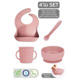 Meleni Baby 4'lü Silikon Bebek Beslenme Seti- Vakumlu Kase - Mama Önlüğü - Kulplu Bardak - Kaşıyıcı Kaşık -Pembe
