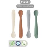 Meleni Baby 4'lü Silikon Mama Kaşığı - Diş Kaşıyıcı Bebek Beslenme Kaşığı Silikon Kaşık Gri, Yeşil, Kahve, Bej